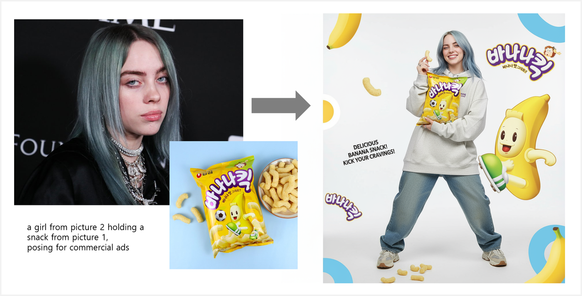 a girl from picture 2 holding a snack from picture 1, posing for commercial ads. (nano-banana)